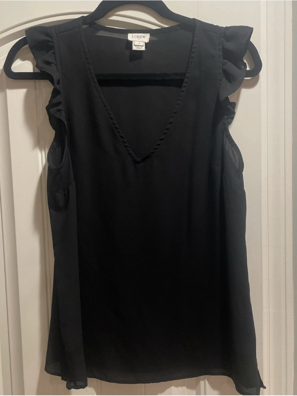 J.Crew Black Sleeveless Ruffle V Neck Top Size 6 Work to Going Out Blouse